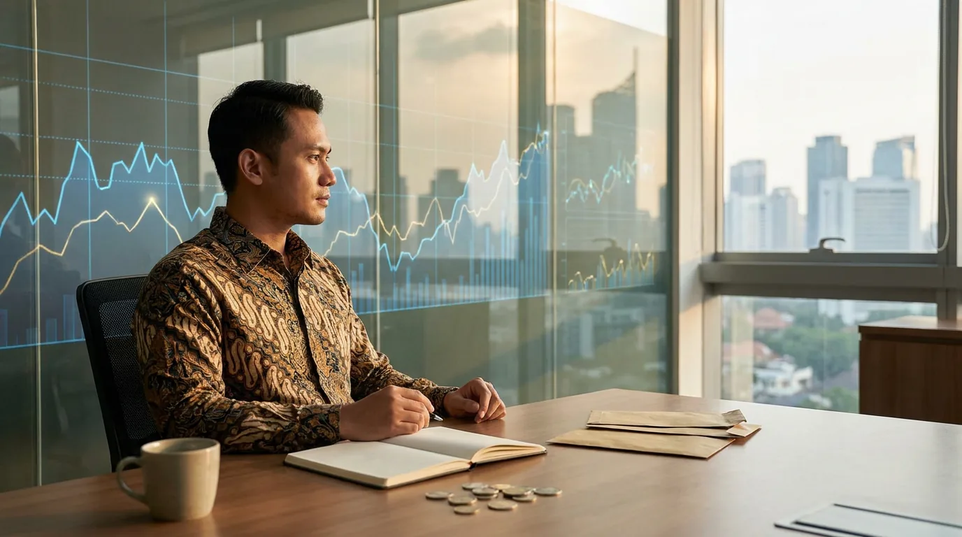 Seorang analis keuangan di kantor modern sedang mengevaluasi grafik finansial abstrak yang merepresentasikan rasio modal dan portofolio perusahaan asuransi.