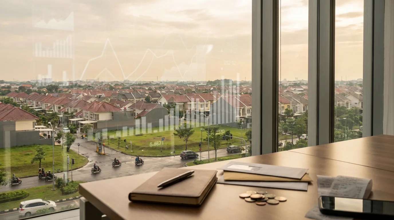 Perumahan modern di Indonesia yang terefleksi pada kaca gedung perkantoran dengan grafik keuangan abstrak, melambangkan manajemen portofolio KPR.