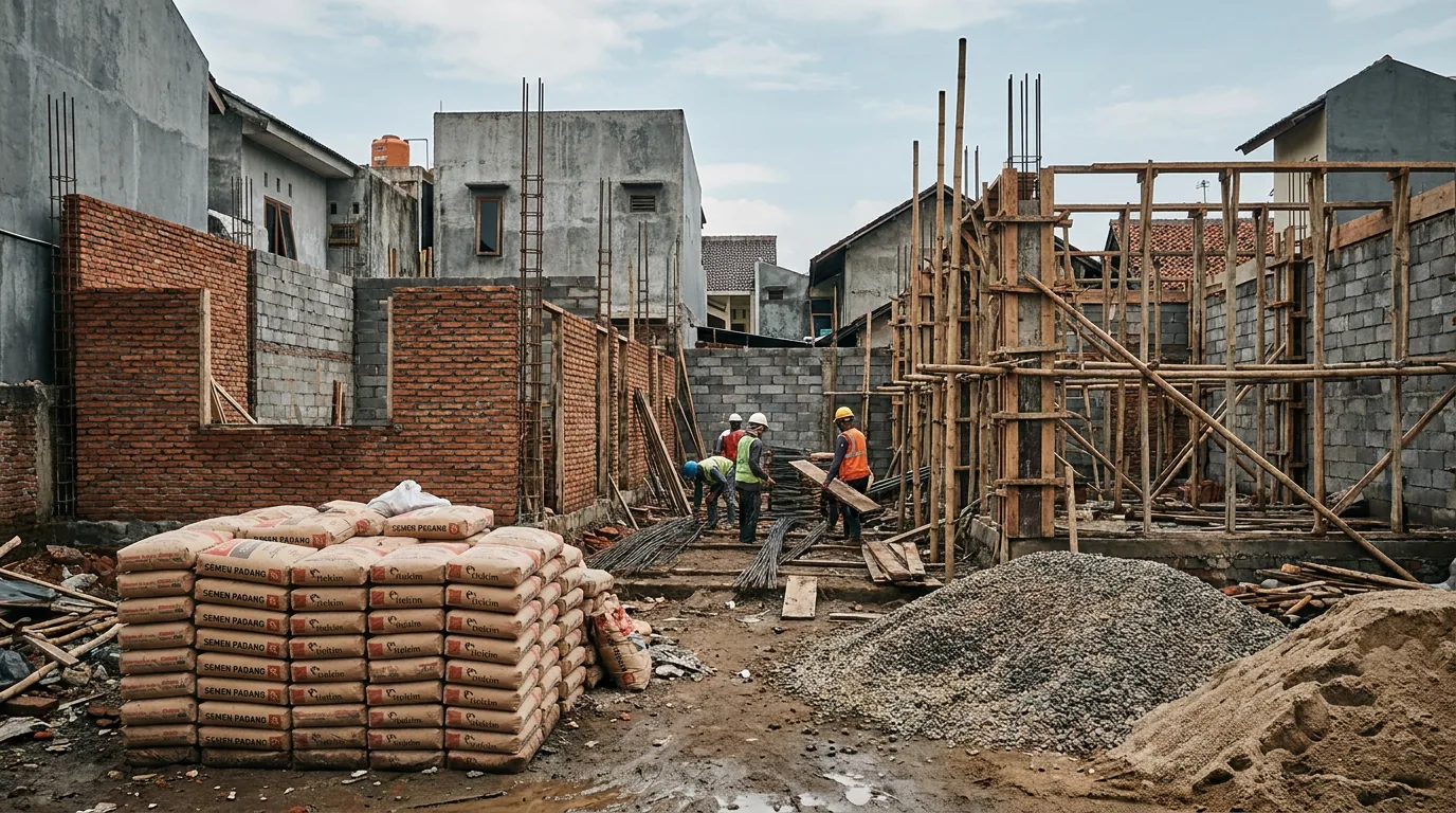 Proyek pembangunan perumahan di Indonesia dengan material konstruksi yang mencerminkan dampak inflasi pada sektor properti.