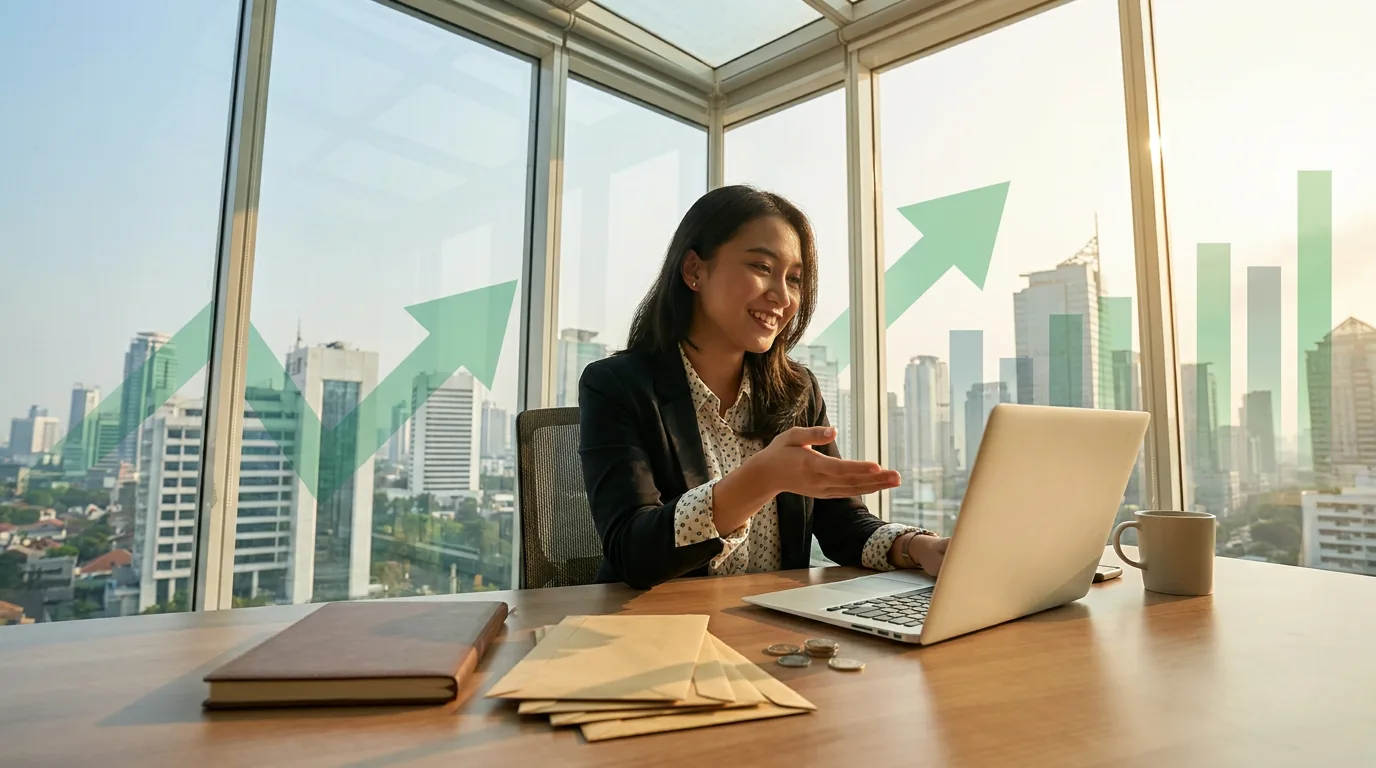 Profesional muda Indonesia bekerja di kantor modern dengan latar belakang grafik pertumbuhan abstrak, mewakili alokasi aset agresif untuk usia muda.
