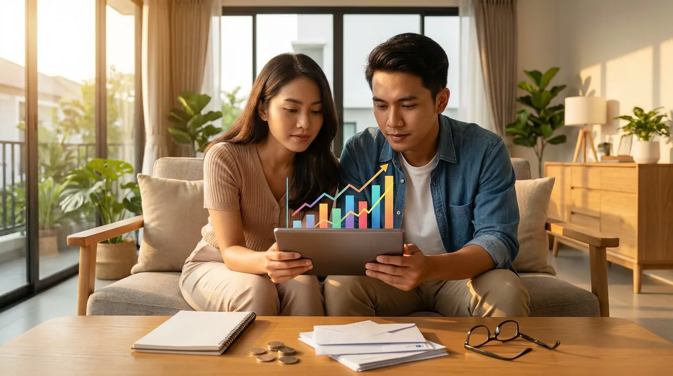 Pasangan muda Indonesia sedang berdiskusi merencanakan alokasi modal investasi dan portofolio keuangan keluarga secara strategis di rumah.