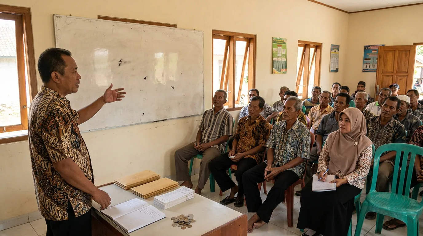 Suasana musyawarah warga di balai desa Indonesia yang membahas transparansi pengelolaan dana komunitas dan bantuan secara terbuka.