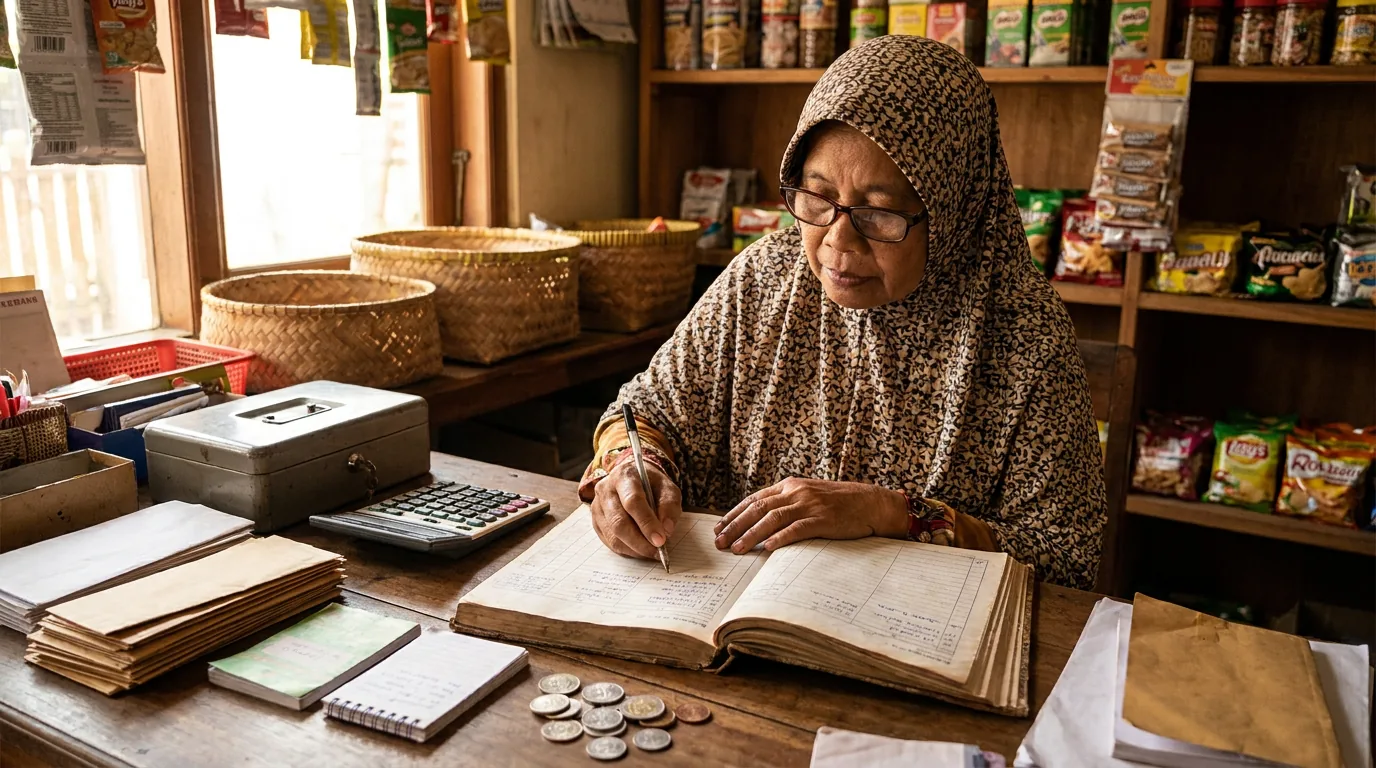 Seorang pengelola usaha kecil di Indonesia sedang mencatat arus kas secara disiplin di buku besar untuk menjaga integritas dan mencegah kecurangan keuangan.