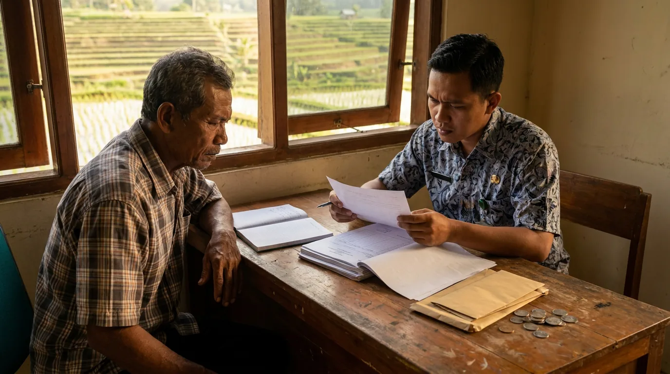 Petani dan petugas lokal sedang berdiskusi serius di kantor koperasi pertanian desa di Indonesia, melambangkan pengawasan penyaluran dana bantuan agrikultur.