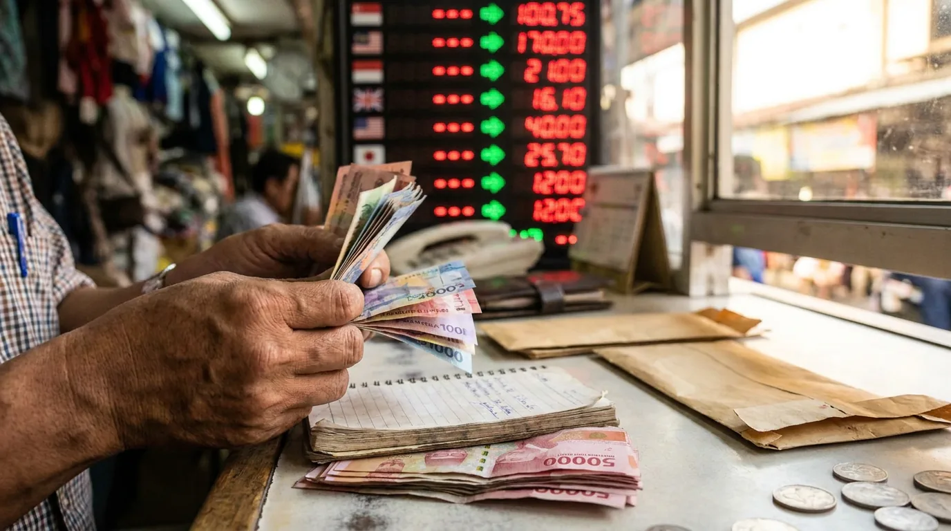 Aktivitas penghitungan uang di loket penukaran valuta asing dengan latar belakang papan nilai tukar digital yang buram.