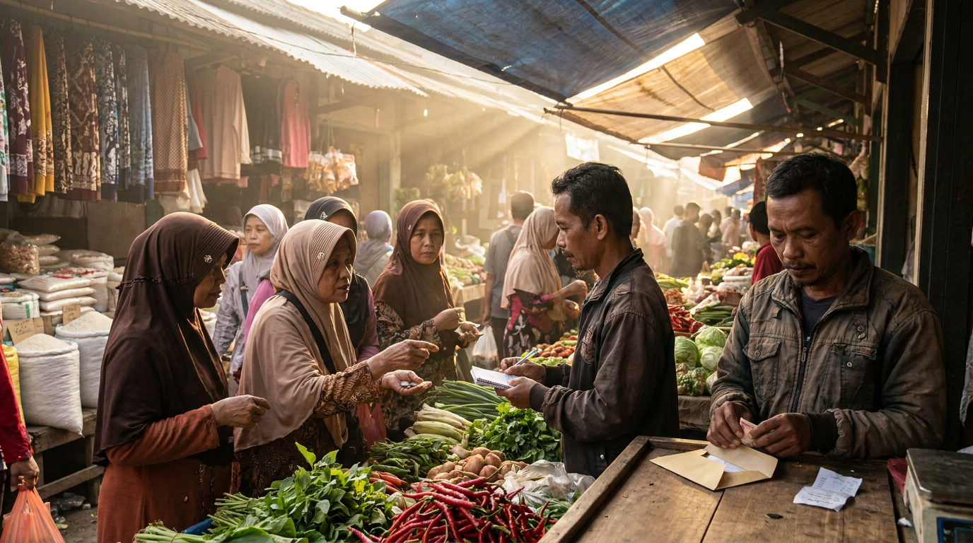 Suasana sibuk di pasar tradisional Indonesia pada pagi hari yang menyoroti dampak inflasi terhadap harga barang kebutuhan pokok.