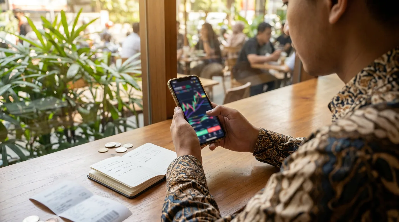 Investor ritel Indonesia sedang memantau grafik investasi abstrak melalui layar ponsel pintar di sebuah kafe.