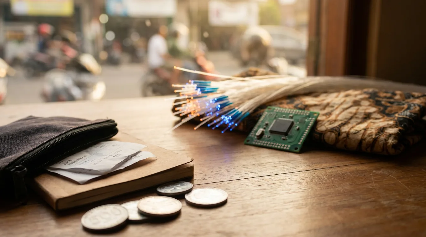 Jaringan kabel fiber optik dan cip semikonduktor yang menjadi tulang punggung perangkat keras kecerdasan buatan.