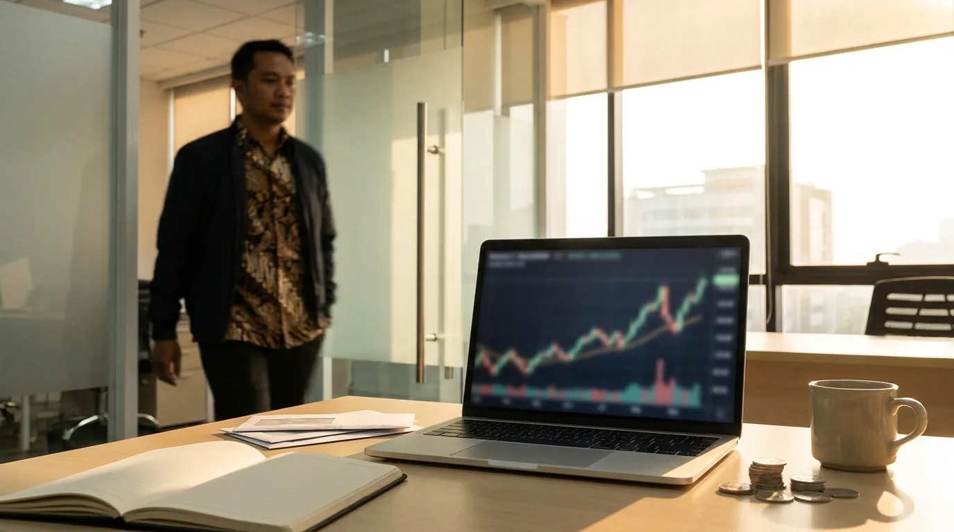 Ilustrasi ruang server pusat data modern dengan bayangan grafik saham yang melambangkan tren investasi infrastruktur AI.