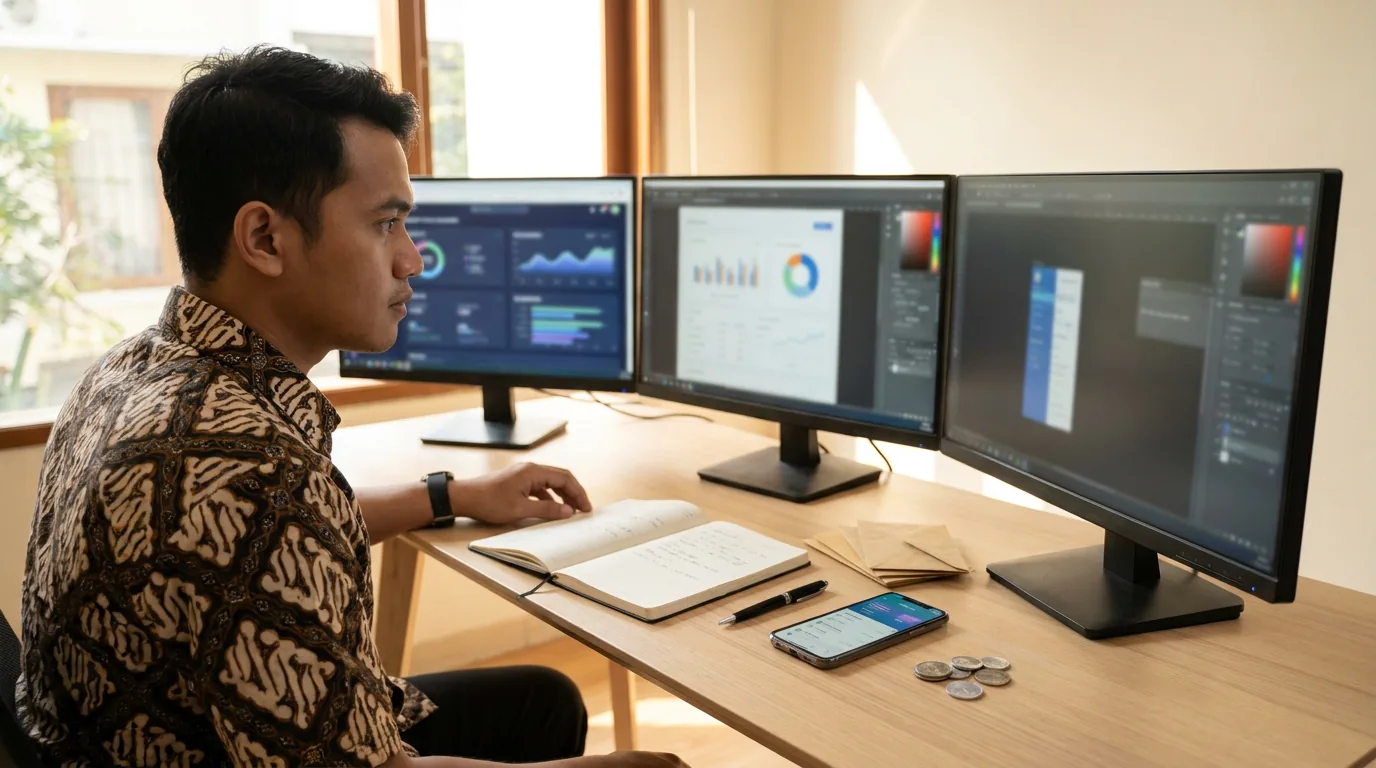Pekerja lepas di Indonesia sedang fokus meningkatkan kemampuan dan merencanakan keuangan di depan layar monitor.