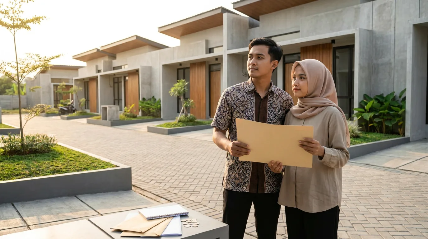 Pasangan muda Indonesia berdiri di depan perumahan baru, merepresentasikan nasabah yang sedang mempertimbangkan beban cicilan KPR.