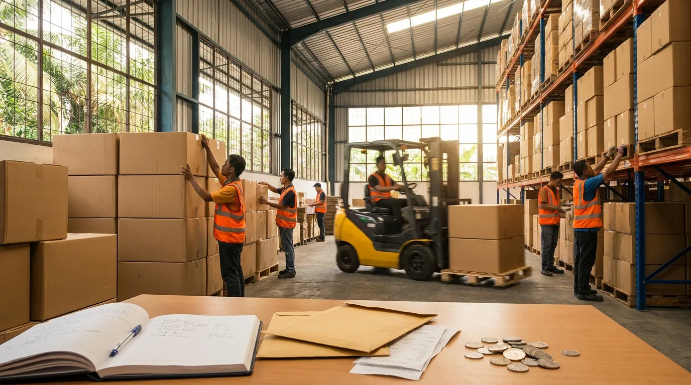 Suasana sibuk di dalam gudang logistik modern di Indonesia dengan pekerja yang sedang menyusun barang, merepresentasikan aktivitas ekonomi yang berkontribusi pada penerimaan devisa.