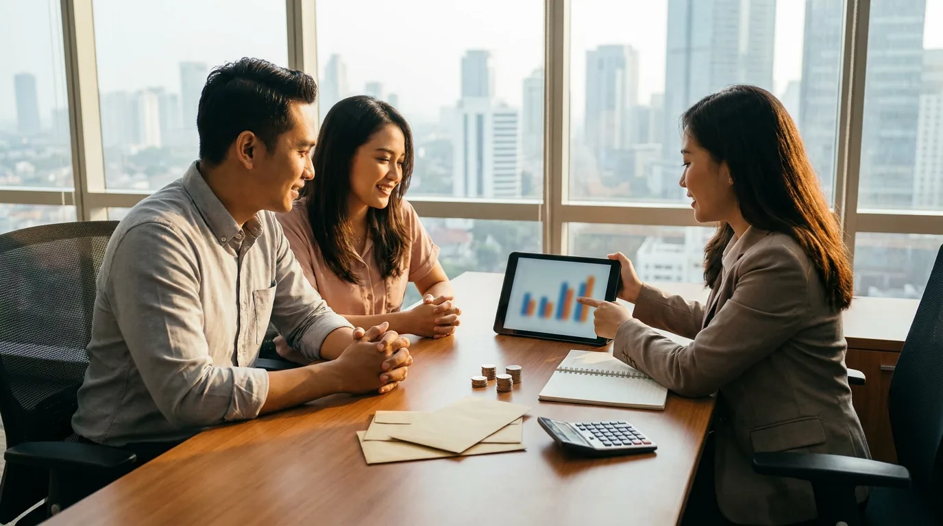 Pasangan Indonesia sedang berkonsultasi dengan penasihat keuangan di kantor modern untuk menghitung total aset dan kekayaan pribadi.