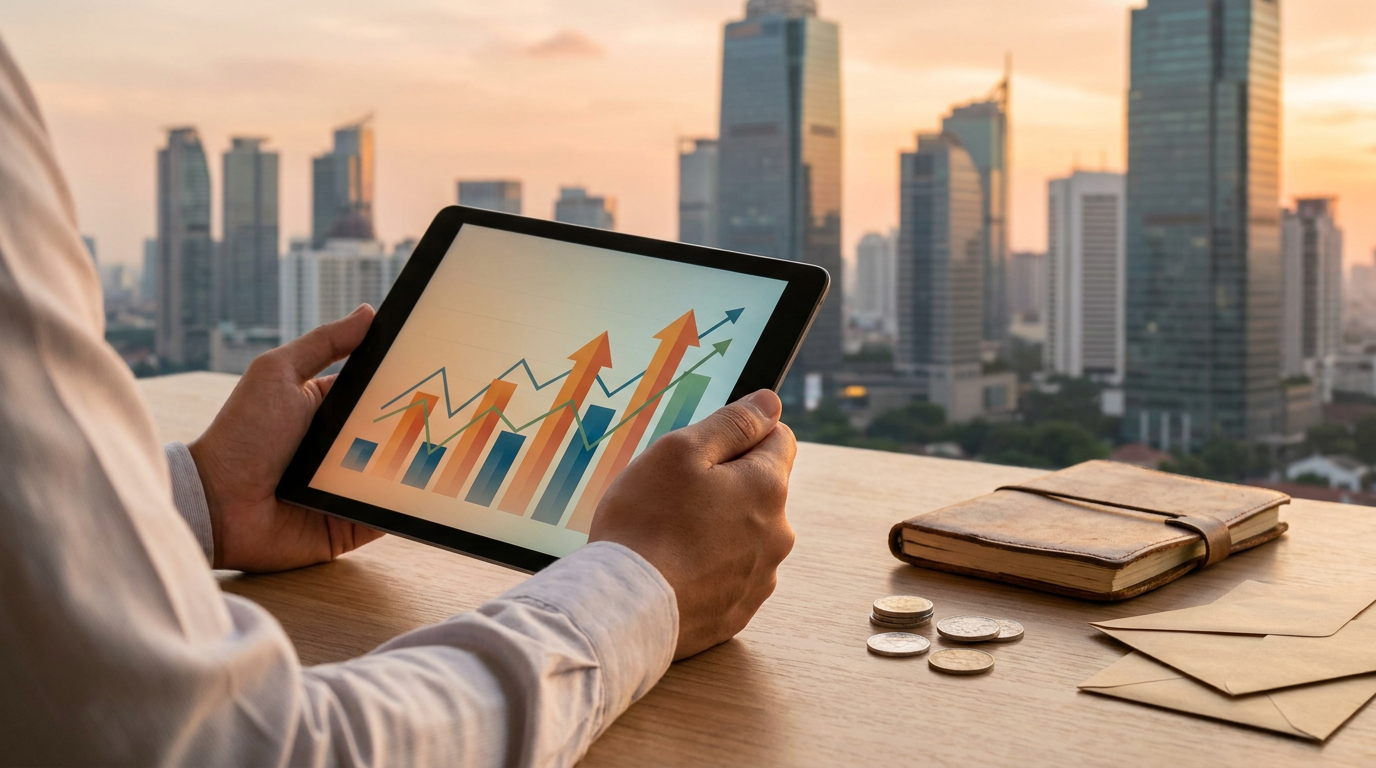 Tangan seorang profesional muda memegang tablet yang menampilkan grafik investasi abstrak yang terus naik dengan latar belakang pemandangan kota.