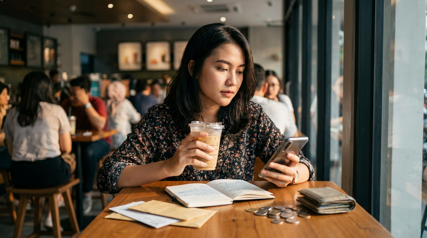 Seorang wanita muda Indonesia sedang duduk di kafe memegang es kopi susu sambil melihat ponselnya dengan ekspresi berpikir tentang keuangannya.