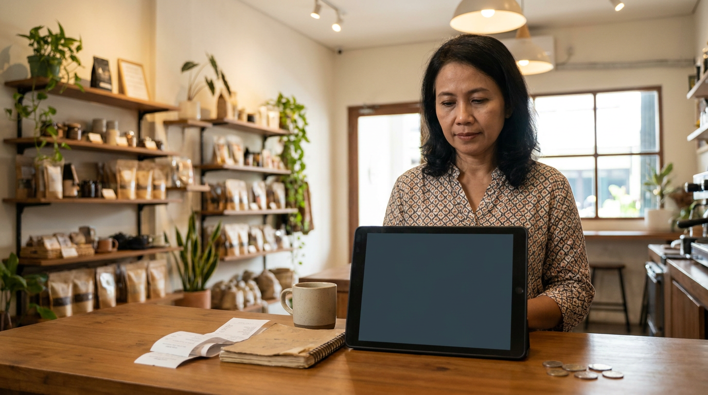 Pelaku UMKM Indonesia sedang menatap layar tablet di tempat usahanya, memikirkan strategi arus kas di tengah perubahan kebijakan bank lokal.