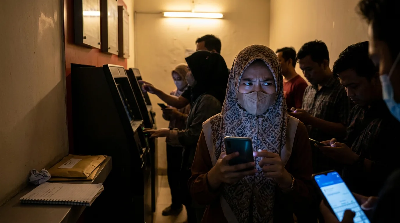 Suasana pusat ATM di Jakarta saat terjadi gangguan sistem perbankan, tampak seorang wanita frustrasi melihat layar ponselnya karena transaksi gagal.