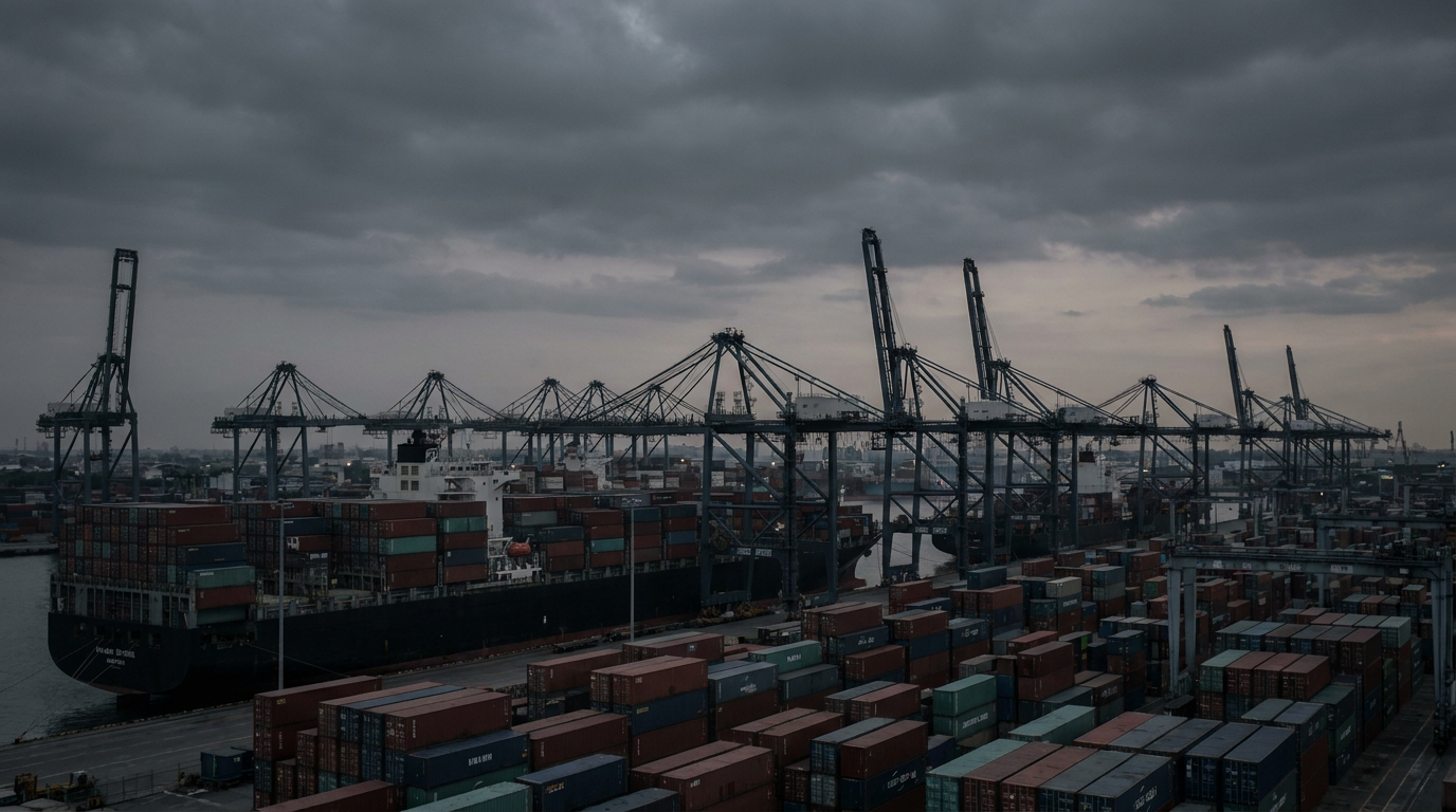 Suasana pelabuhan kargo industri di Indonesia pada senja hari yang mendung, mewakili tekanan ekonomi pada sektor infrastruktur dan material dasar.