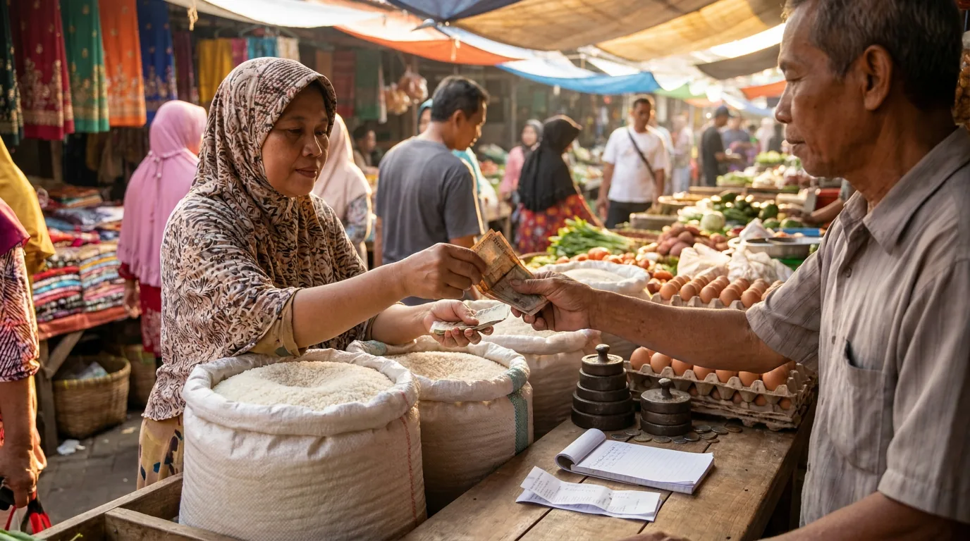 Suasana transaksi di pasar tradisional Indonesia yang menyoroti harga kebutuhan pokok seperti beras dan telur yang terus merangkak naik akibat inflasi.