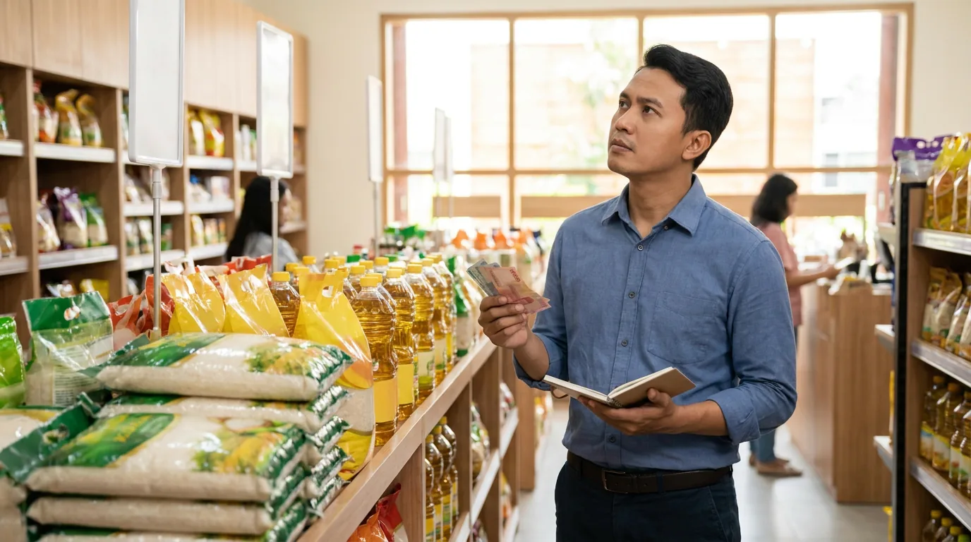 Seorang pekerja kantoran Indonesia tampak khawatir saat memegang uang tunai di lorong supermarket, menggambarkan dampak inflasi pada daya beli gaji bulanan.