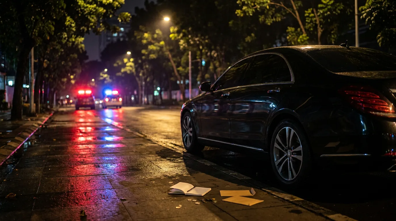 Mobil mewah yang berhenti di pinggir jalan raya pada malam hari dengan pantulan lampu polisi, mengilustrasikan risiko insiden di luar jam kerja.