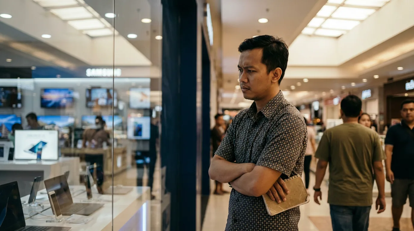 Seorang konsumen di Indonesia tampak ragu saat melihat pajangan toko elektronik, mencerminkan kehati-hatian dalam berbelanja akibat turunnya keyakinan ekonomi.