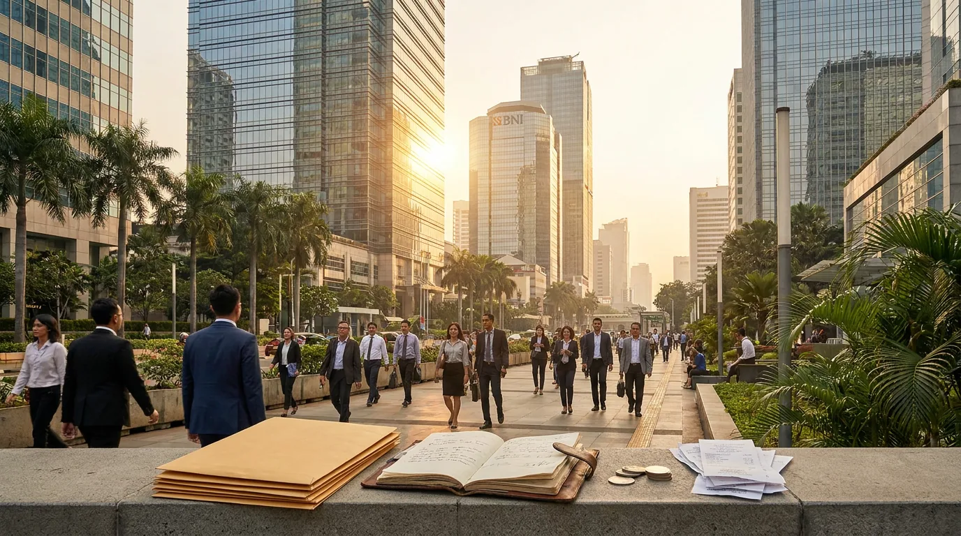 Pemandangan distrik keuangan modern di Jakarta dengan gedung pencakar langit kaca saat matahari terbenam, mewakili skala ekonomi dan sektor perbankan global.