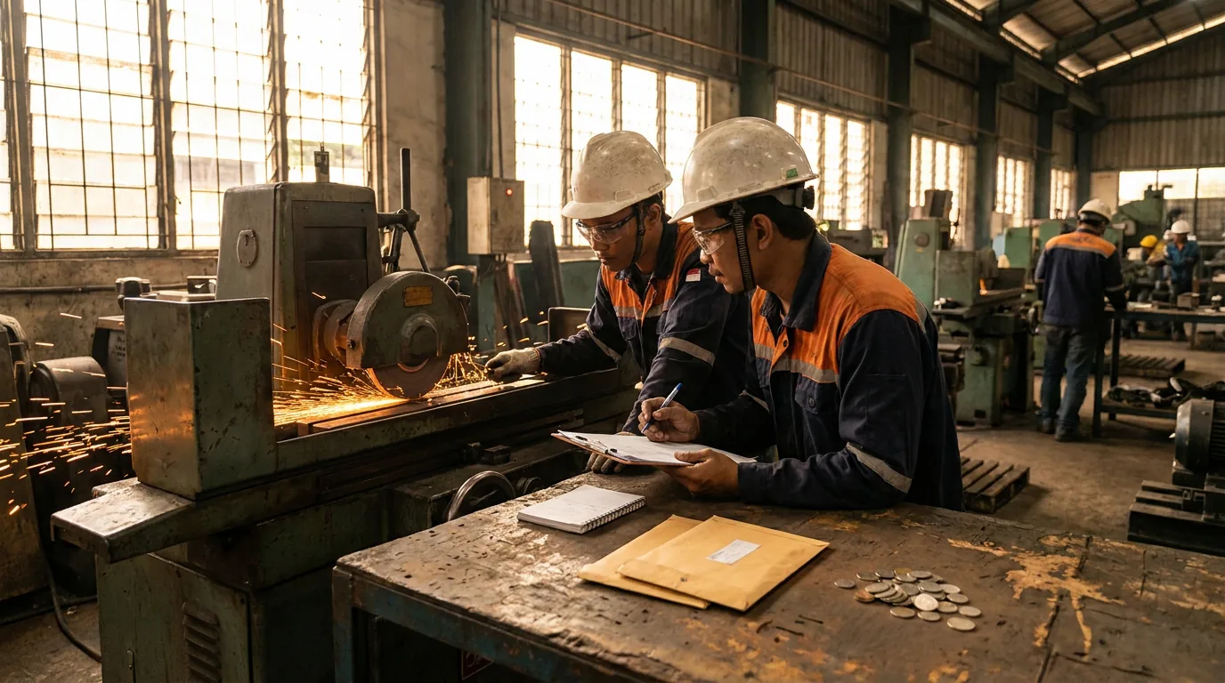 Pekerja industri manufaktur lokal di Indonesia yang sedang mengoperasikan mesin berat di dalam pabrik.