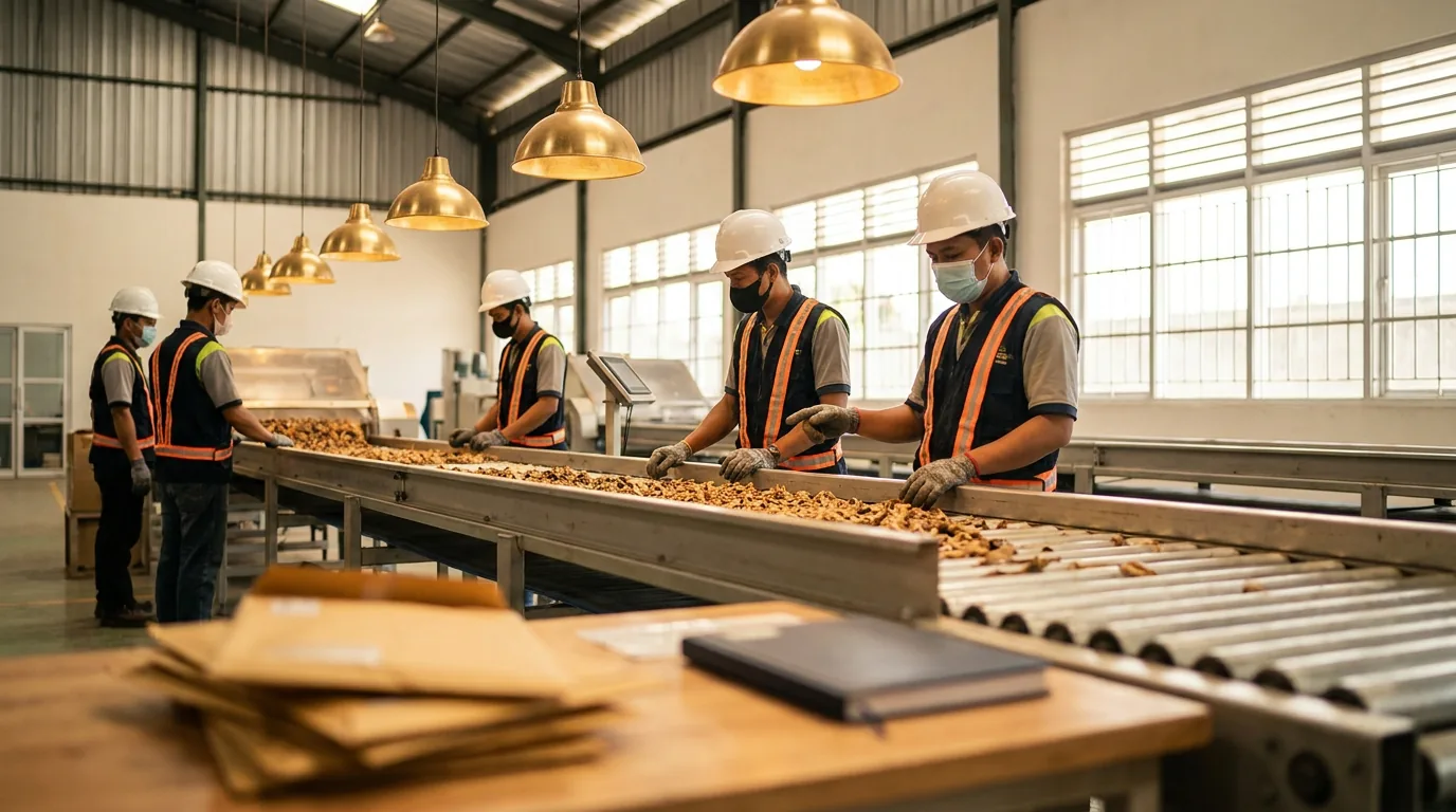 Suasana di dalam pabrik manufaktur Indonesia yang sedang memproses bahan baku komoditas untuk kebutuhan ekspor internasional.