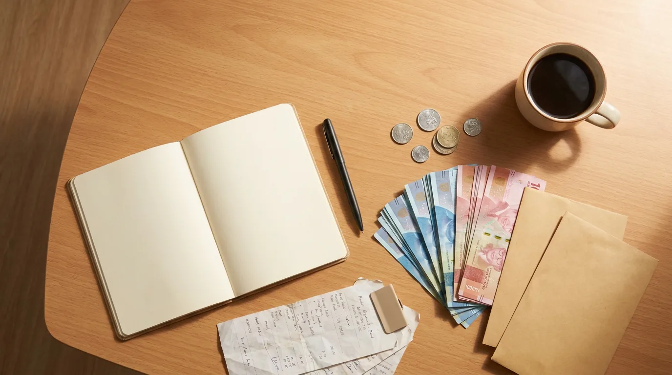 Buku catatan kosong, pena, dan uang tunai Rupiah di atas meja kayu untuk merencanakan dan mengevaluasi anggaran keuangan pribadi.