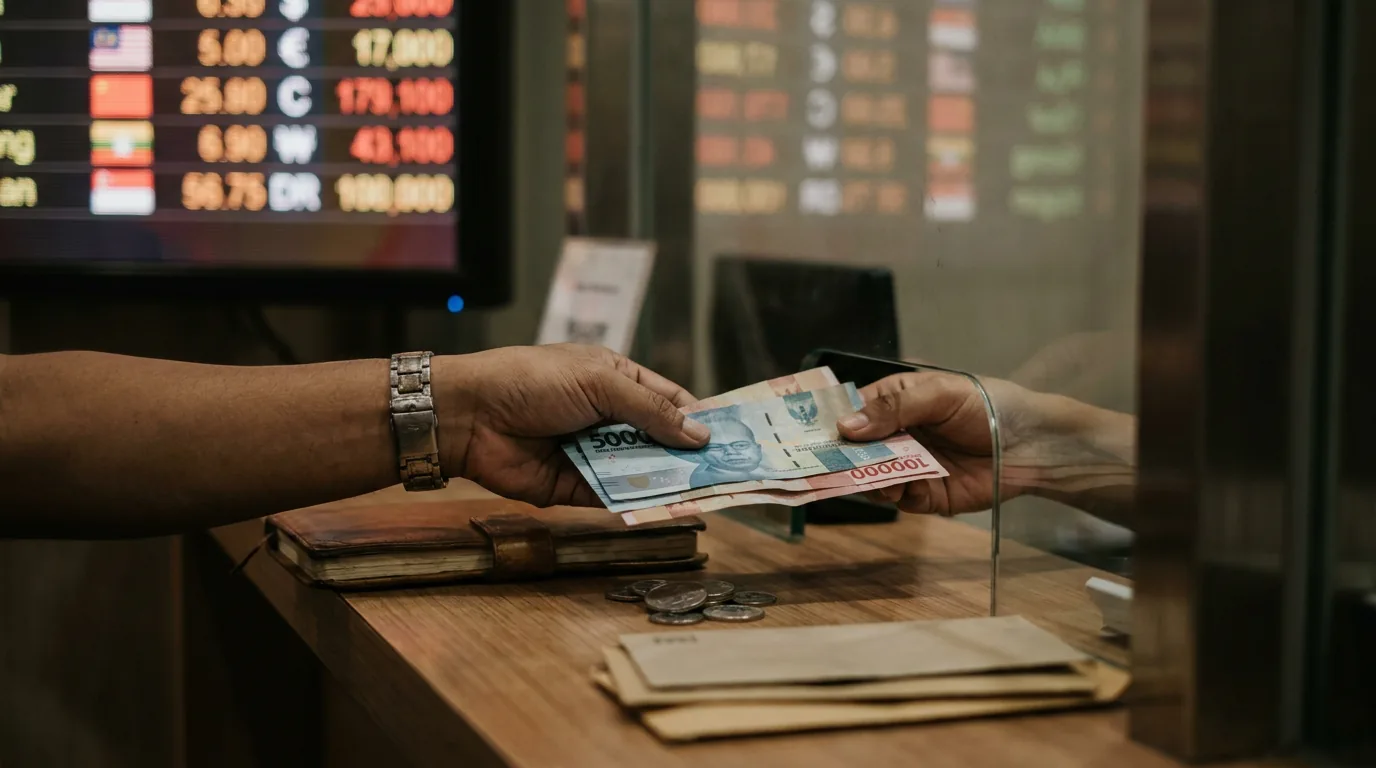 Ilustrasi transaksi penukaran uang Rupiah di money changer yang melambangkan fluktuasi nilai tukar akibat kebijakan suku bunga global.