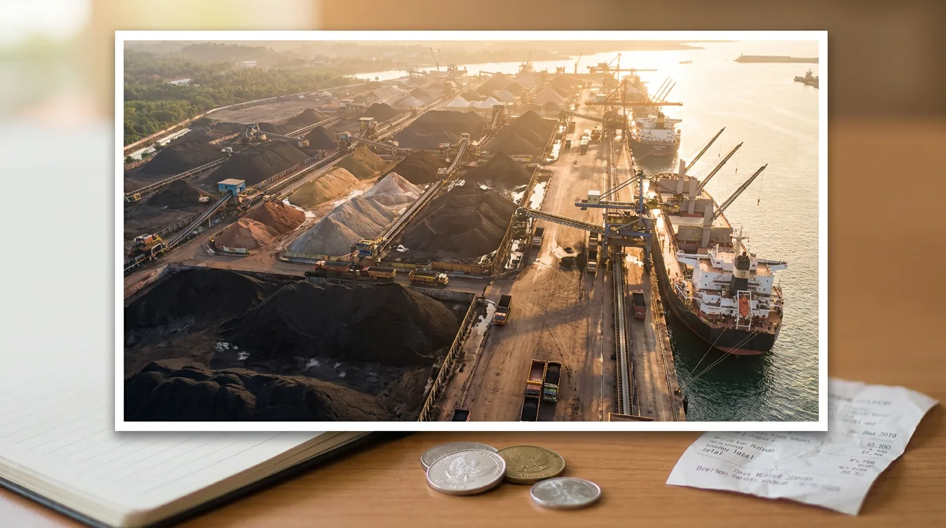Pemandangan udara terminal ekspor komoditas industri di Indonesia, menunjukkan sektor yang rentan terhadap fluktuasi akibat perang tarif global.