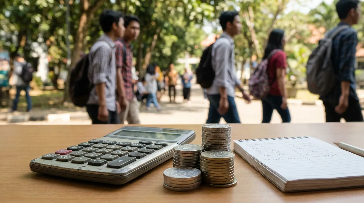 Tumpukan koin dan kalkulator dengan latar belakang buram mahasiswa di kampus, melambangkan tantangan inflasi biaya pendidikan tinggi di Indonesia.