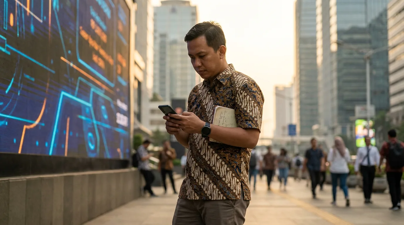 Seorang investor ritel Indonesia sedang fokus memantau pergerakan pasar melalui ponselnya di kawasan bisnis Jakarta.