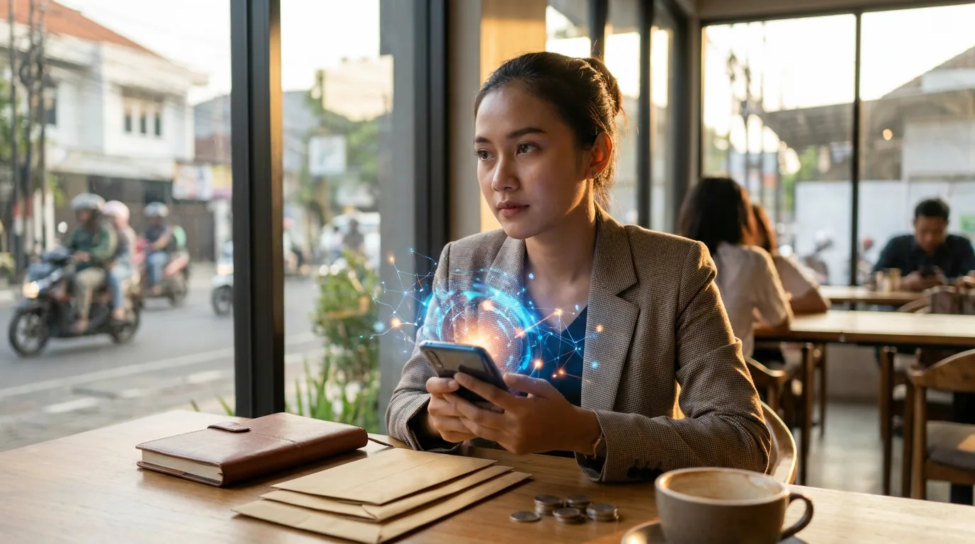 Seorang profesional muda Indonesia sedang mengamati grafik saham digital abstrak yang bercahaya di layar ponselnya di sebuah kafe.