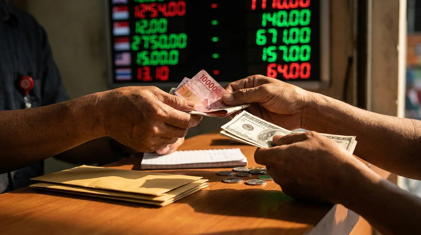Transaksi penukaran uang Rupiah dan Dolar AS di money changer yang menggambarkan fluktuasi cadangan devisa Indonesia.