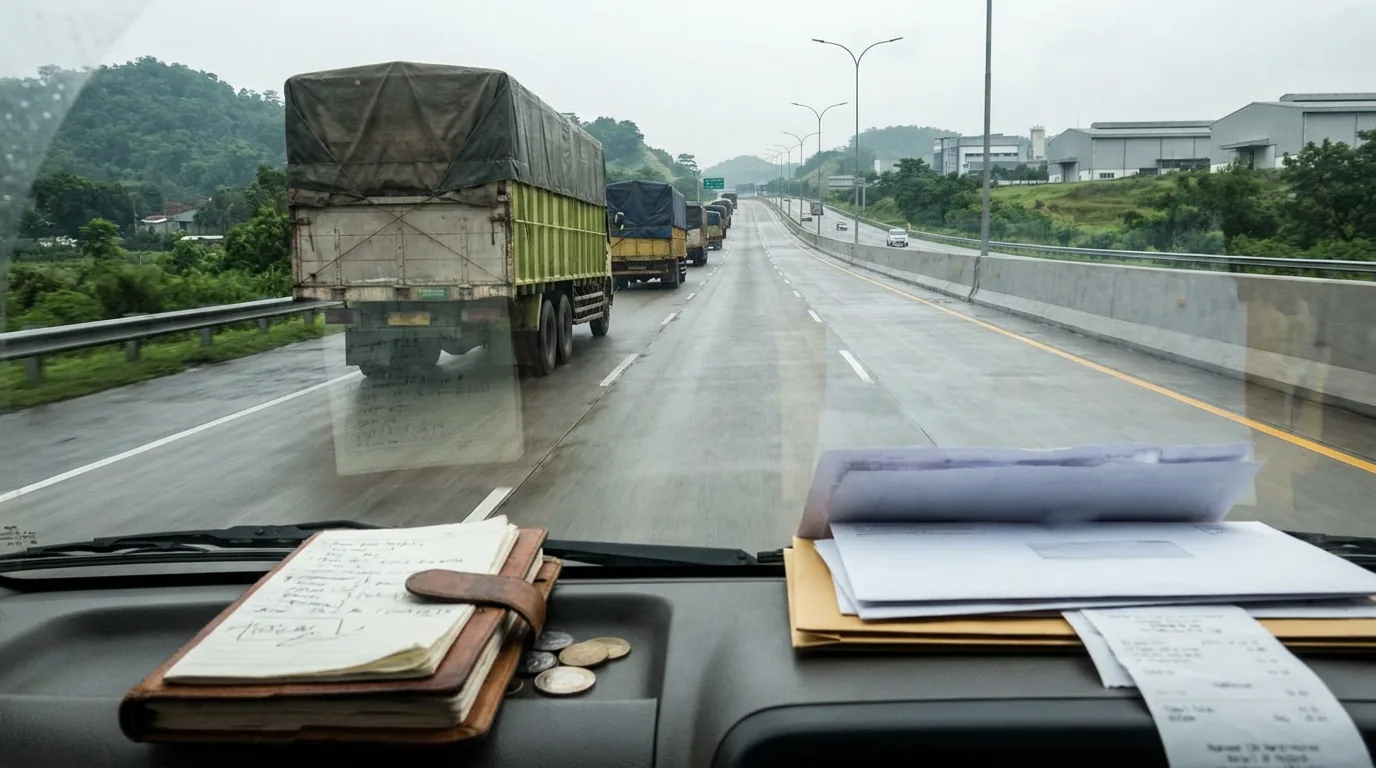 Iring-iringan truk logistik di jalan tol yang mendistribusikan barang kebutuhan pokok ke berbagai daerah di Indonesia.