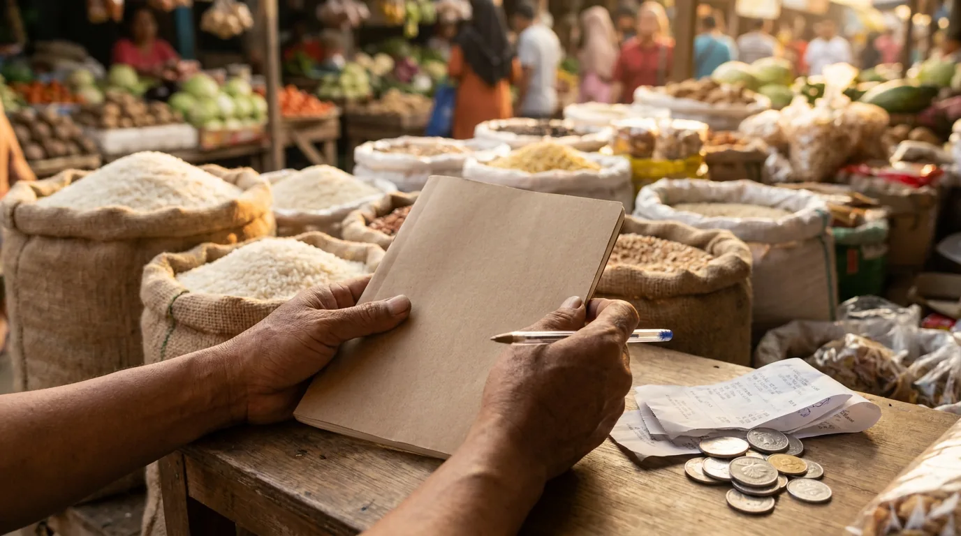 Seseorang sedang mencatat pengeluaran di pasar tradisional untuk menyesuaikan anggaran belanja di tengah kenaikan harga bahan pokok.
