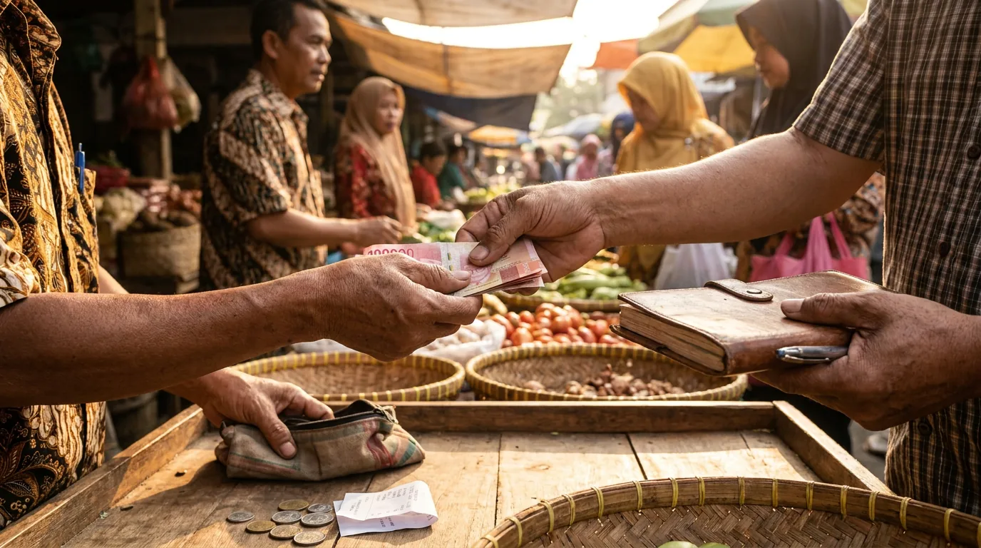 Transaksi menggunakan uang kertas Rupiah di tengah aktivitas pasar tradisional yang sibuk, merepresentasikan dampak fluktuasi nilai tukar pada daya beli masyarakat harian.