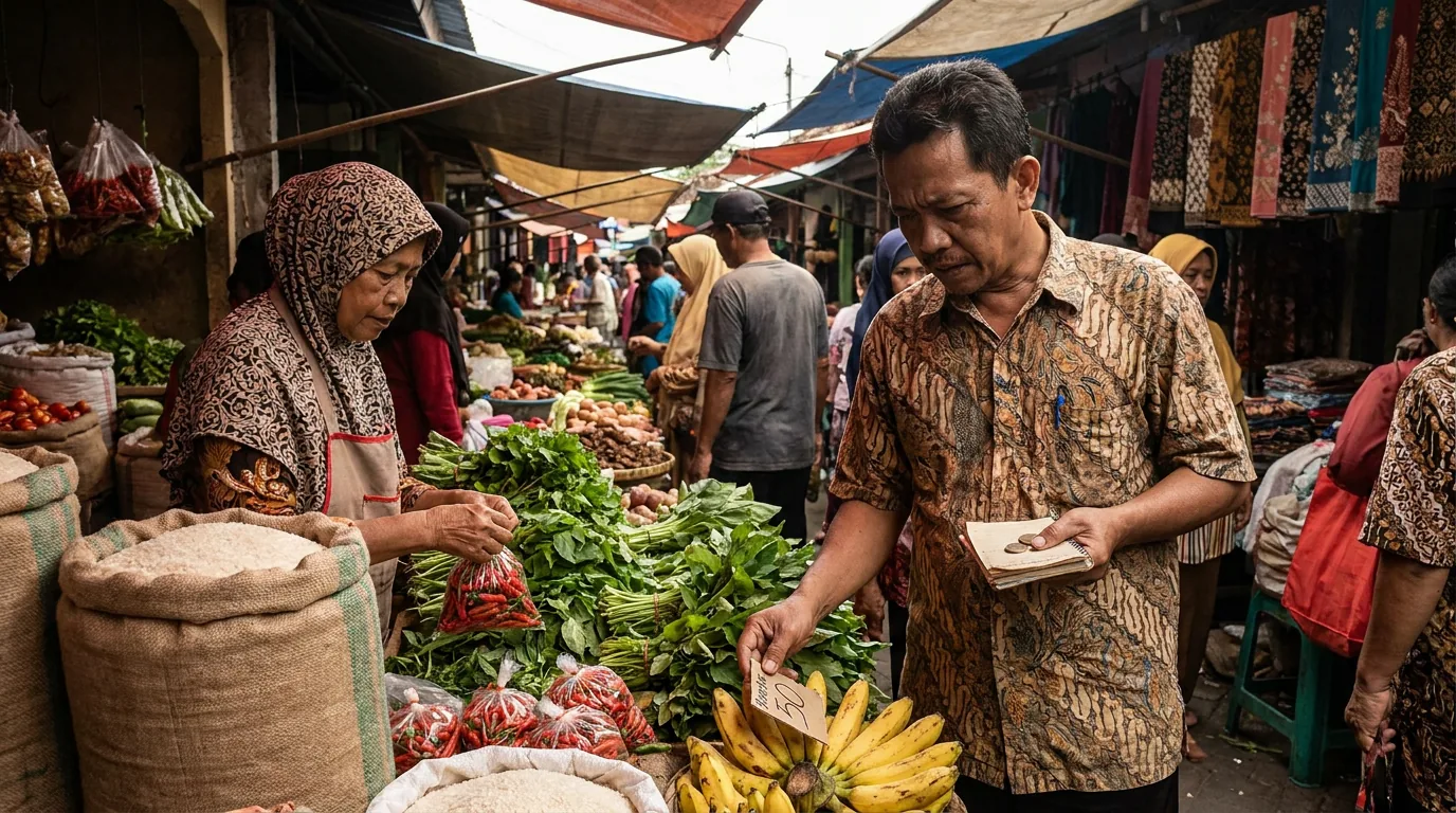 Suasana pasar tradisional di Indonesia di mana seorang pembeli sedang memilih bahan pokok di tengah kekhawatiran kenaikan harga pangan.
