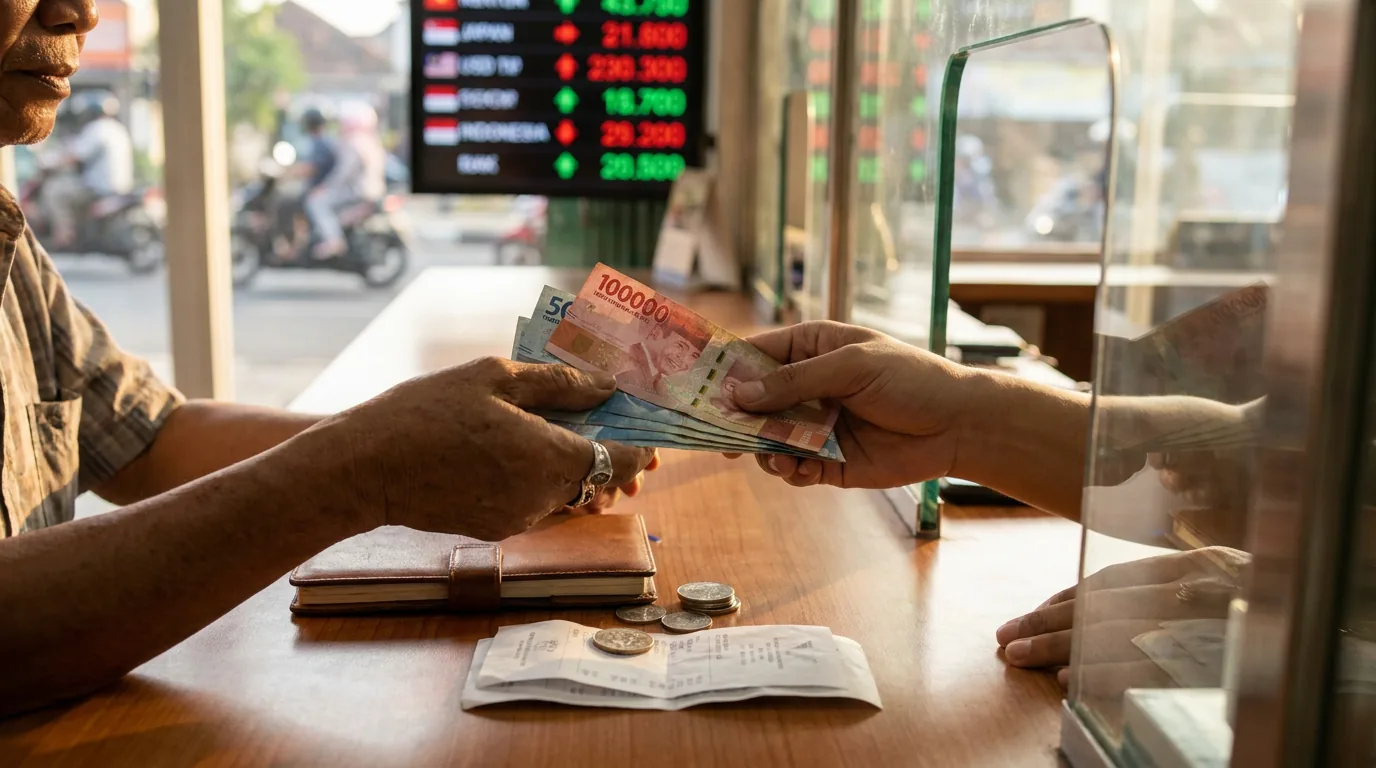 Tumpukan uang kertas Rupiah di meja penukaran uang dengan latar belakang papan kurs mata uang asing yang buram.