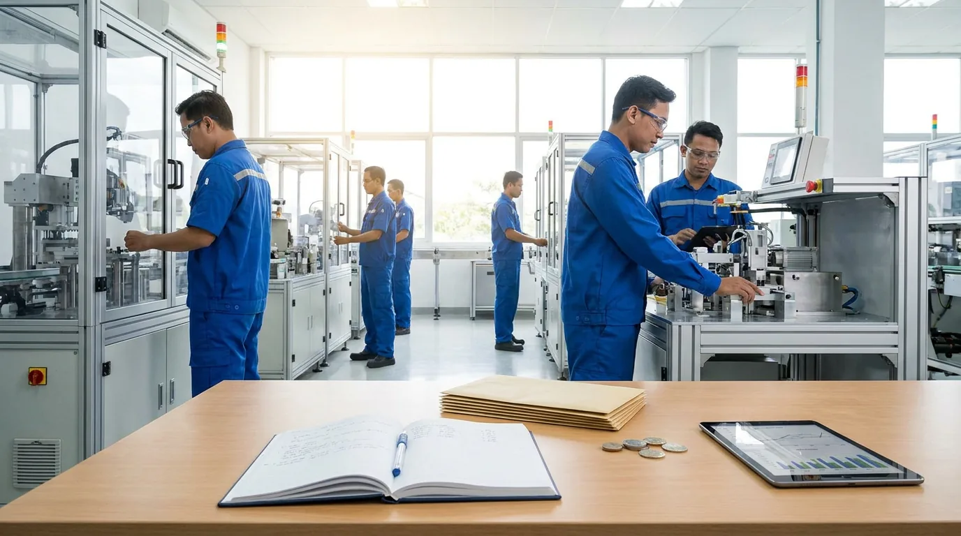 Aktivitas pekerja di pabrik manufaktur modern Indonesia sebagai bentuk nyata dari efek limpahan investasi asing.