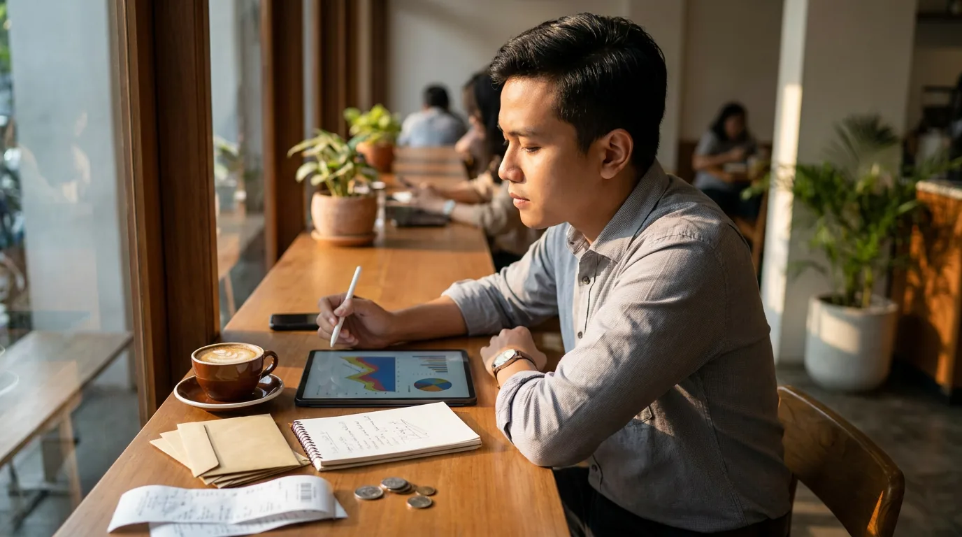 Seorang profesional muda Indonesia sedang mengevaluasi portofolio investasi melalui tablet di sebuah kafe.