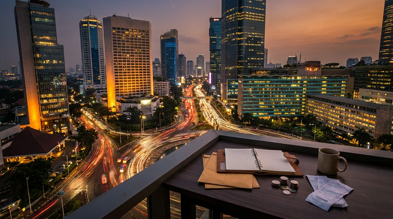 Pemandangan kawasan bisnis Jakarta di malam hari yang merepresentasikan aliran modal dan pertumbuhan ekonomi regional.