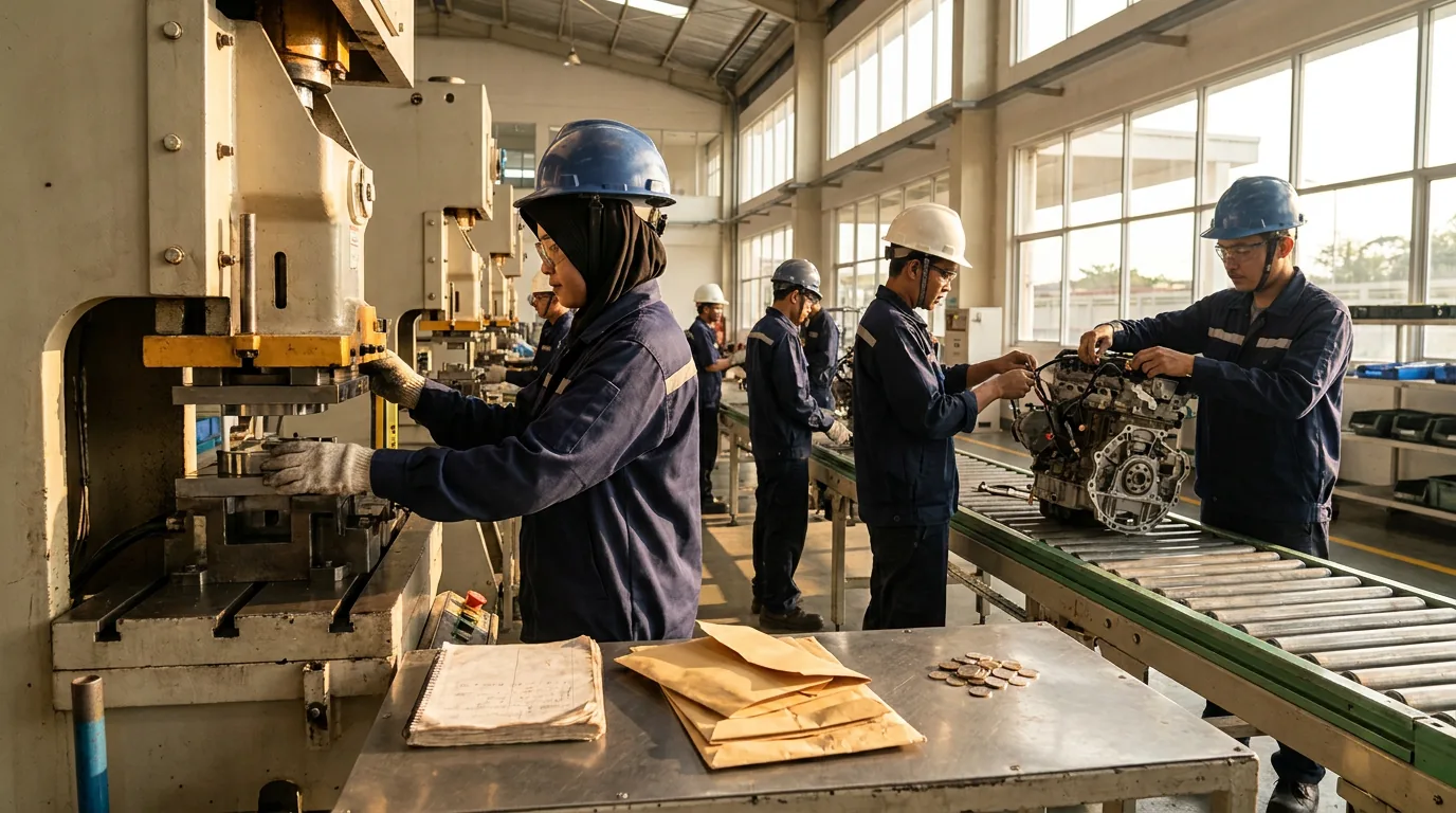 Pekerja pabrik di Indonesia sedang mengoperasikan mesin industri dan merakit komponen manufaktur.