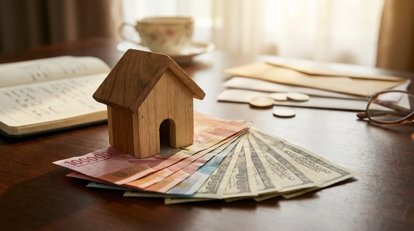 Ilustrasi miniatur rumah di atas tumpukan uang Rupiah dan Dolar AS yang melambangkan dampak suku bunga global terhadap cicilan KPR.