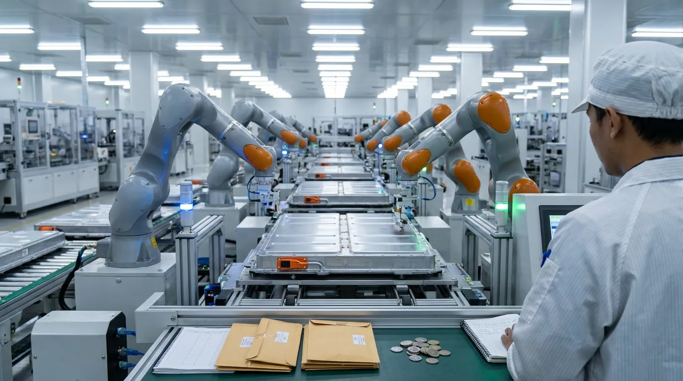 Proses perakitan baterai lithium-ion berteknologi tinggi di pabrik manufaktur komponen kendaraan listrik.
