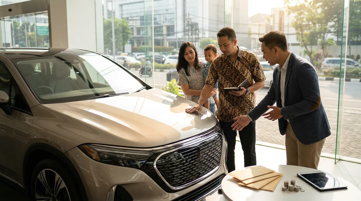 Keluarga Indonesia sedang melihat dan mempertimbangkan untuk membeli mobil listrik di sebuah dealer otomotif modern.