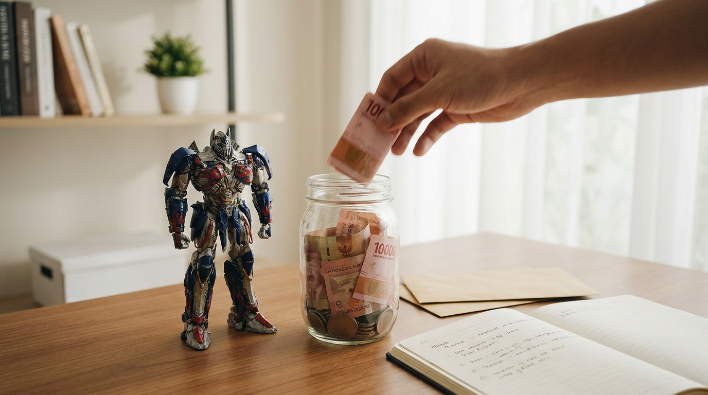 Action figure premium yang diletakkan di sebelah stoples kaca berisi uang kertas Rupiah sebagai ilustrasi metode sinking fund untuk hobi mahal.