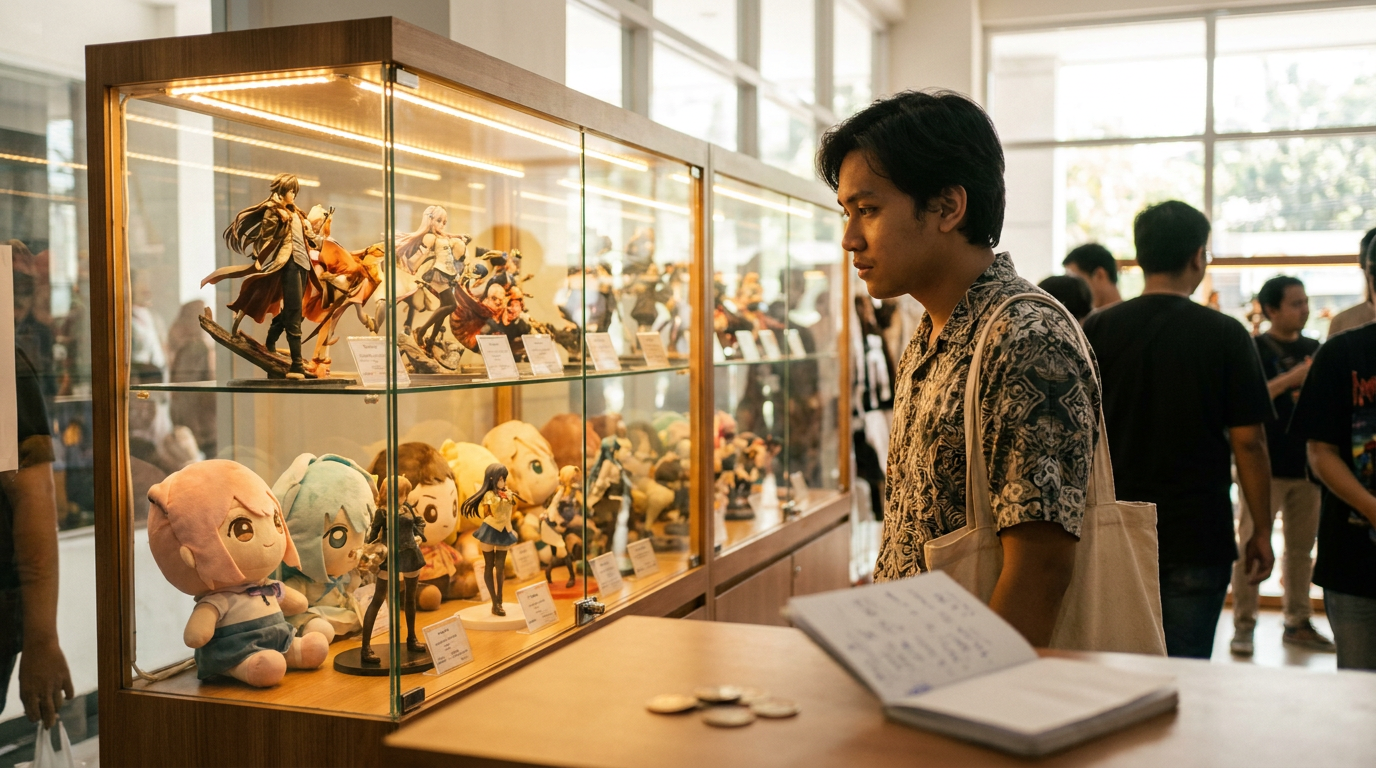 Seorang pemuda Indonesia sedang melihat koleksi action figure anime di dalam toko hobi dengan ekspresi berpikir tentang harga yang mahal.